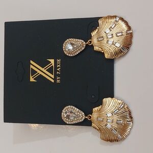 Zaxie Gold Tone Teardrop Stud Shell Drop Statement Earrings Crystal Accents